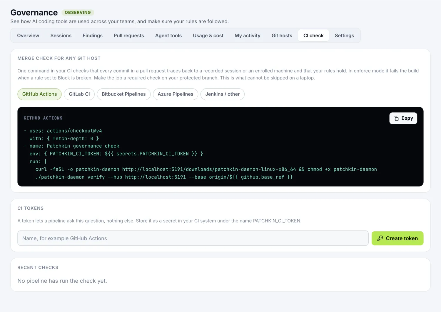 The CI check page with snippets for common pipelines.
