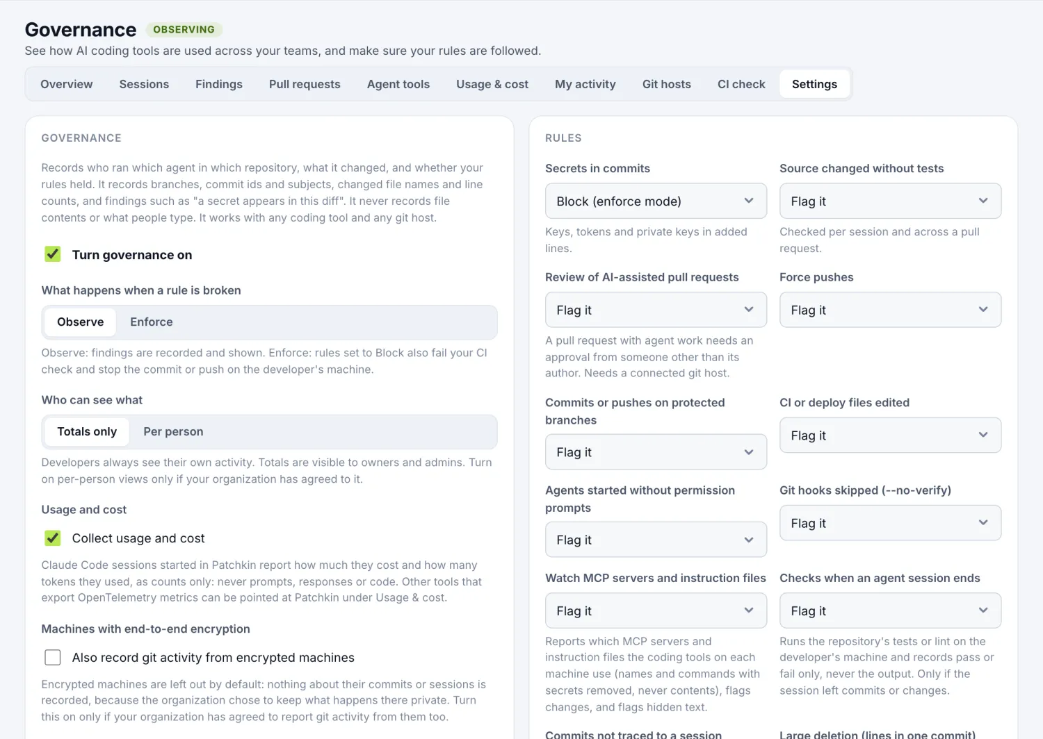 Governance settings in Patchkin: which rules flag or block, who can see what, and what is collected.