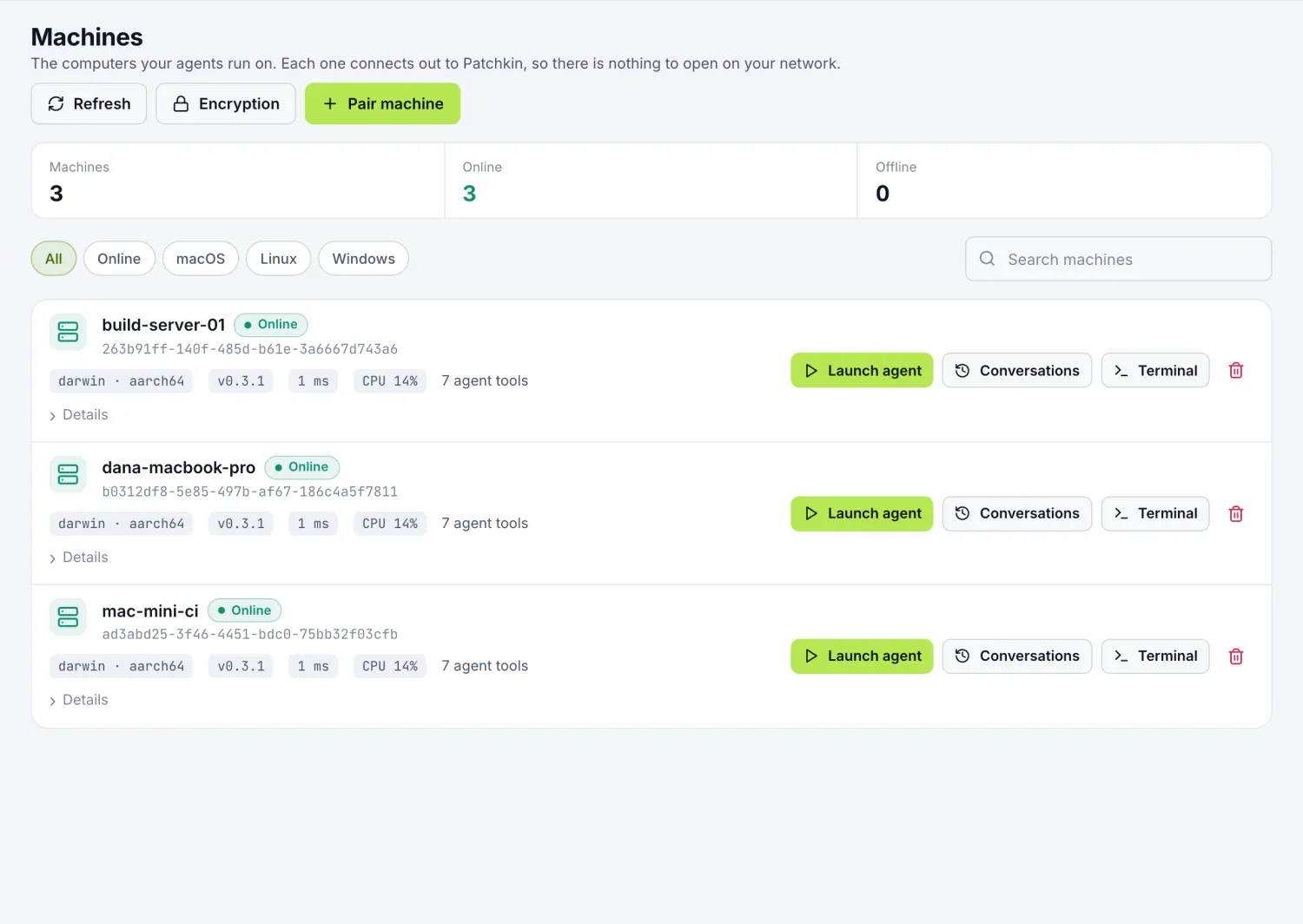 The Machines page with three paired machines online.