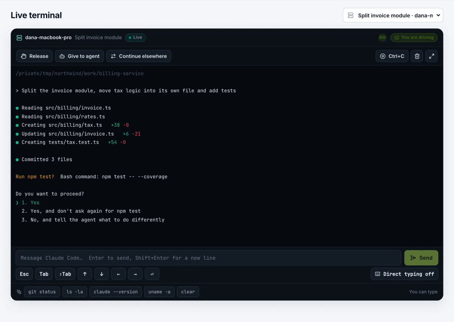 The live terminal of an agent session in Patchkin, paused on a permission question.