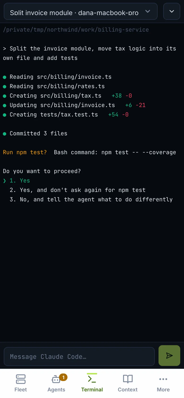 Patchkin on a phone: the live terminal of an agent session.
